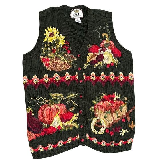 Tiara international Sweaters - 90s Tiara Harvest Fruit Veggies Pumpkin Sweater Vest Green